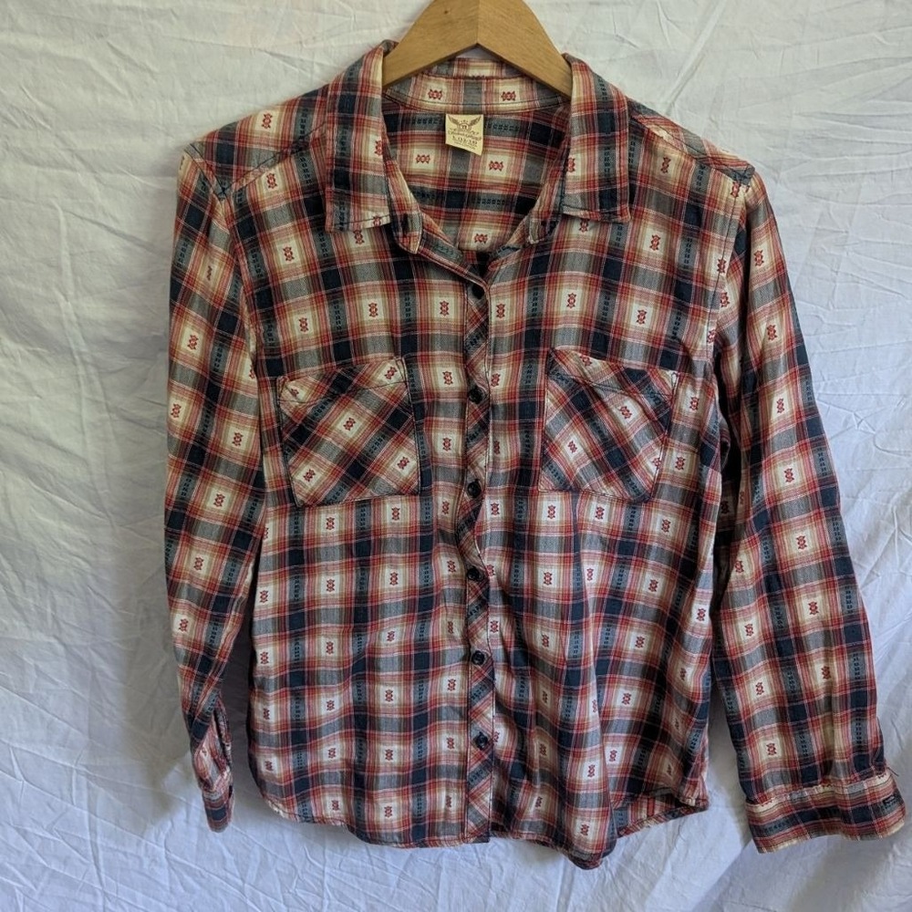 Southwestern Button Down Shirt Orange Blue Dobby Plaid Geometric Sz L 12-14